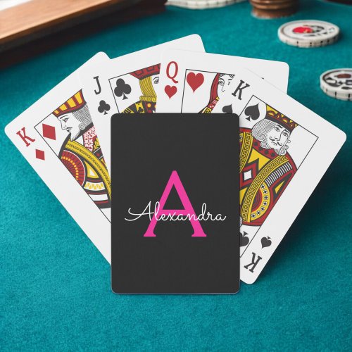 Hot Pink Black Script Girly Monogram Name Poker Cards