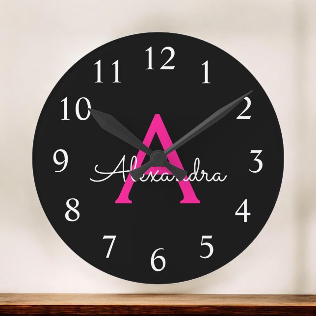 Hot Pink Black Script Girly Monogram Name Round Clock (Creator Uploaded)