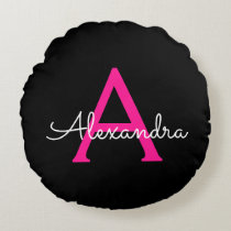 Hot Pink Black Script Girly Monogram Name Round Pillow
