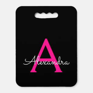Hot Pink Black Script Girly Monogram Name Seat Cushion