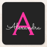 Hot Pink Black Script Girly Monogram Name