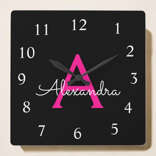 Hot Pink Black Script Girly Monogram Name Square Wall Clock