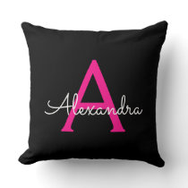 Hot Pink Black Script Girly Monogram Name Throw Pillow