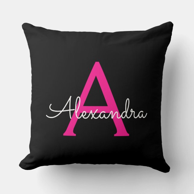 Hot Pink Black Script Girly Monogram Name Throw Pillow (Front)
