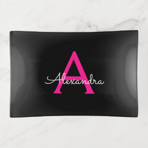 Hot Pink Black Script Girly Monogram Name Trinket Tray