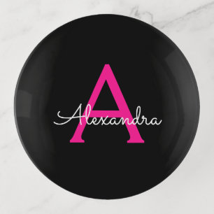 Hot Pink Black Script Girly Monogram Name Trinket Tray
