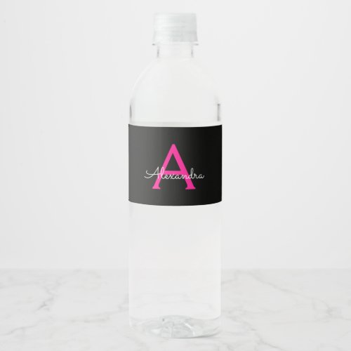 Hot Pink Black Script Girly Monogram Name Water Bottle Label