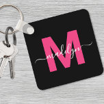 Hot Pink Black Script Name Monogram Keychain<br><div class="desc">Create Your Own Stylish Modern Custom Black and Pink Monogram Square Keychain. This sleek square keychain brings a modern and personalized touch to your everyday essentials. The design features a bold hot pink monogram initial centered on a solid black background, with your name in elegant white script layered across it....</div>