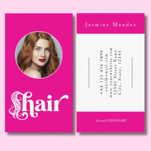 Hot Pink Black Script Photo Hair Stylist Business Card