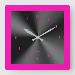 Hot Pink & Black Shiny Metallic Design Square Wall Clock