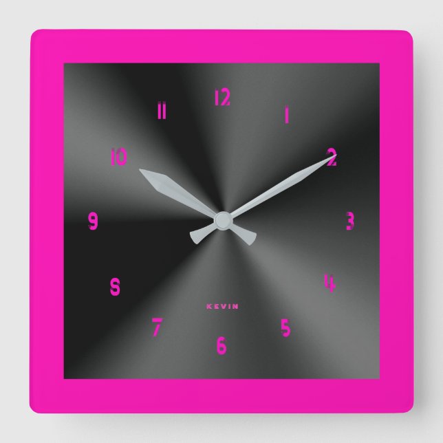 Hot Pink & Black Shiny Metallic Design Square Wall Clock (Front)