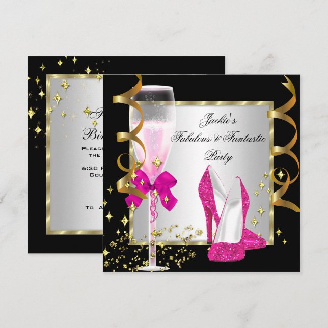 Hot Pink Black Silver Women's Birthday Party Invitation (Front/Back)
