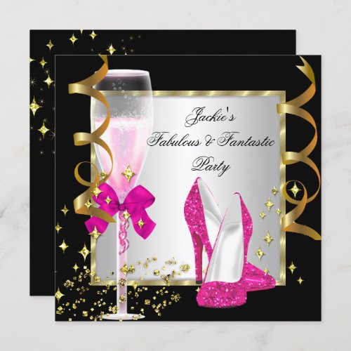Hot Pink Black Silver Womens Birthday Party Invitation