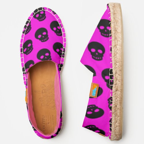 Hot Pink Black Skull Goth Polka Dot Pattern Espadrilles