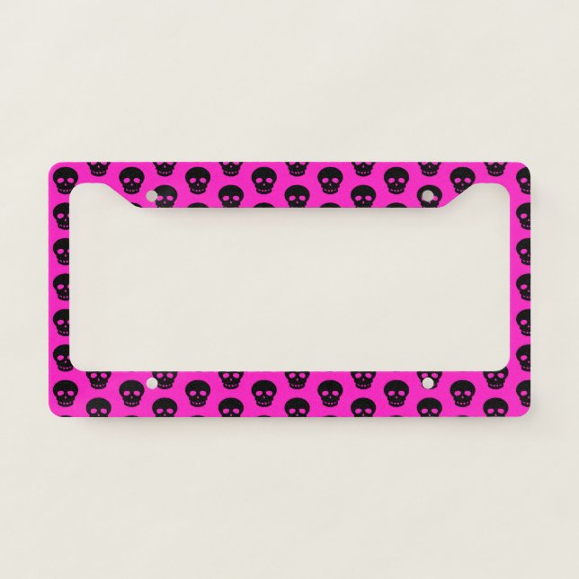 Hot Pink Black Skull Pattern License Plate Frame (Front)