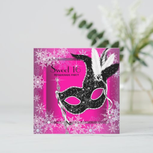 Hot Pink Black Snowflake Sweet 16 Masquerade Party Invitation Zazzle