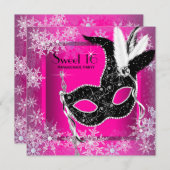 Hot Pink Black Snowflake Sweet 16 Masquerade Party Invitation (Front/Back)