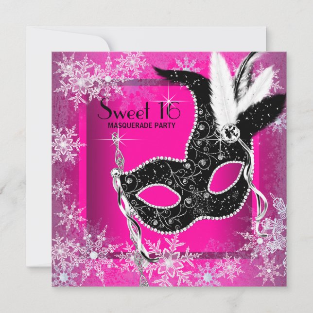 Hot Pink Black Snowflake Sweet 16 Masquerade Party Invitation (Front)
