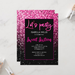 Hot pink black sparkles Sweet 16 neon lets party  Invitation