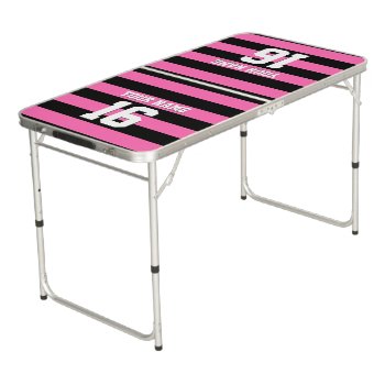 Hot Pink Black Sports Jersey Preppy Stripe Beer Pong Table by FantabulousSports at Zazzle