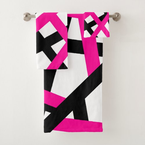 Hot Pink Black Stripe Geometric  Bath Towel Set