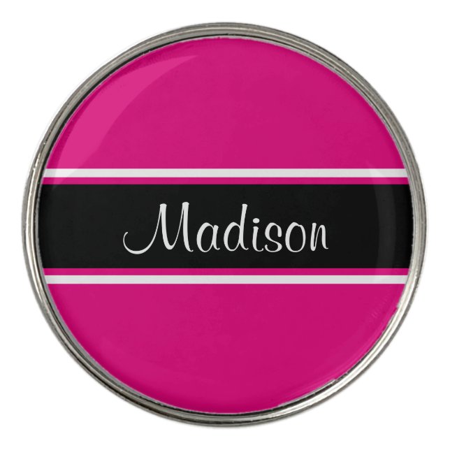 Hot Pink Black Stripe Script Name Golf Ball Marker (Front)