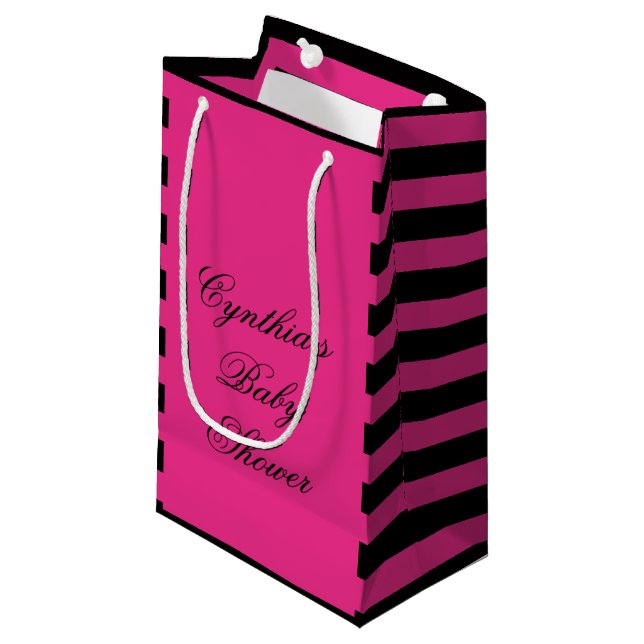 Hot Pink & Black Stripes Baby Shower Favor Bags (Front Angled)