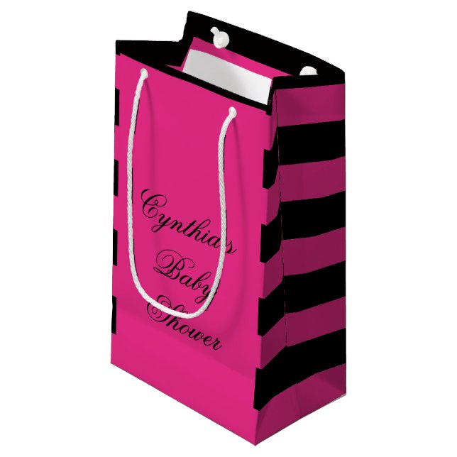 Hot Pink & Black Stripes Baby Shower Favor Bags (Front Angled)