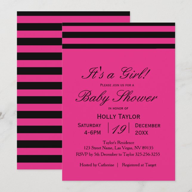 Hot Pink & Black Stripes Baby Shower Invitation (Front/Back)