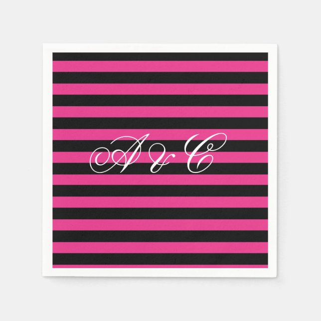 Hot Pink & Black Stripes Party Napkins (Front)