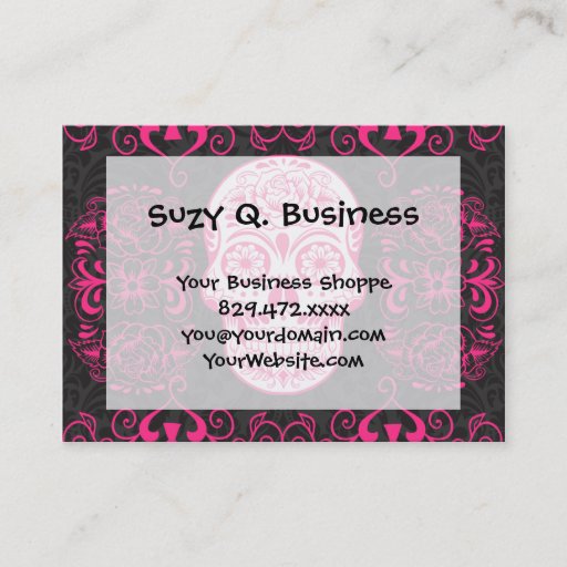 Customizable Hot Pink Black Sugar Skull Roses Gothic Grunge Business Cards