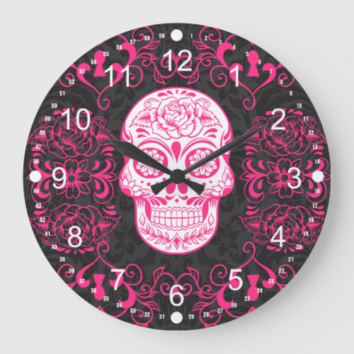 Hot Pink Black Sugar Skull Roses Gothic Grunge Large Clock