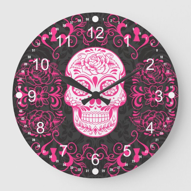 Hot Pink Black Sugar Skull Roses Gothic Grunge Large Clock (Front)