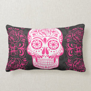 Hot Pink Black Sugar Skull Roses Gothic Grunge Lumbar Pillow