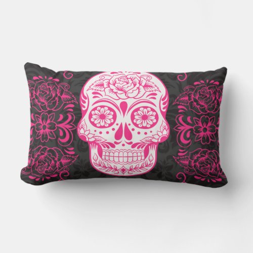 Hot Pink Black Sugar Skull Roses Gothic Grunge Lumbar Pillow