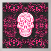 Hot Pink Black Sugar Skull Roses Gothic Grunge Poster | Zazzle