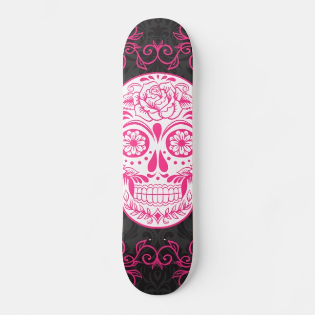 Hot Pink Black Sugar Skull Roses Gothic Grunge Skateboard Deck (Front)