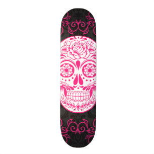 Hot Pink Black Sugar Skull Roses Gothic Grunge Skateboard Deck