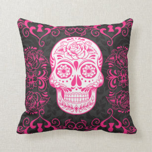 Throw Pillow Sparkly Skull & Crossbones With Pink Bows Hearts Handmade Accent 