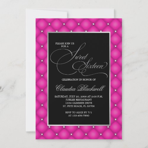 Hot Pink Black Sweet 16 Birthday Invitation