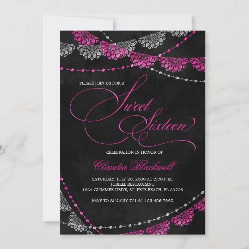 Hot Pink Black Sweet 16 Birthday Invitation