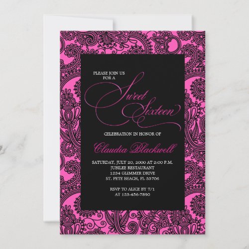 Hot Pink Black Sweet 16 Birthday Invitation