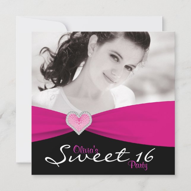 Hot Pink Black Sweet 16 Birthday Party Invitation (Front)