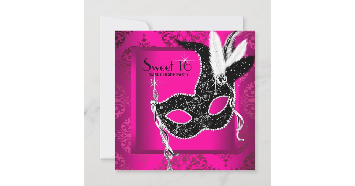 Hot Pink Black Sweet 16 Masquerade Party Invitation Zazzle