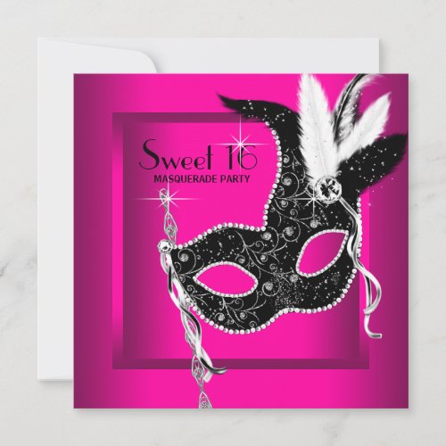 Hot Pink Black Sweet 16 Masquerade Party Invitation