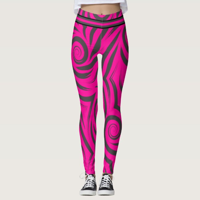 Hot Pink & Black Swirls Leggings (Front)
