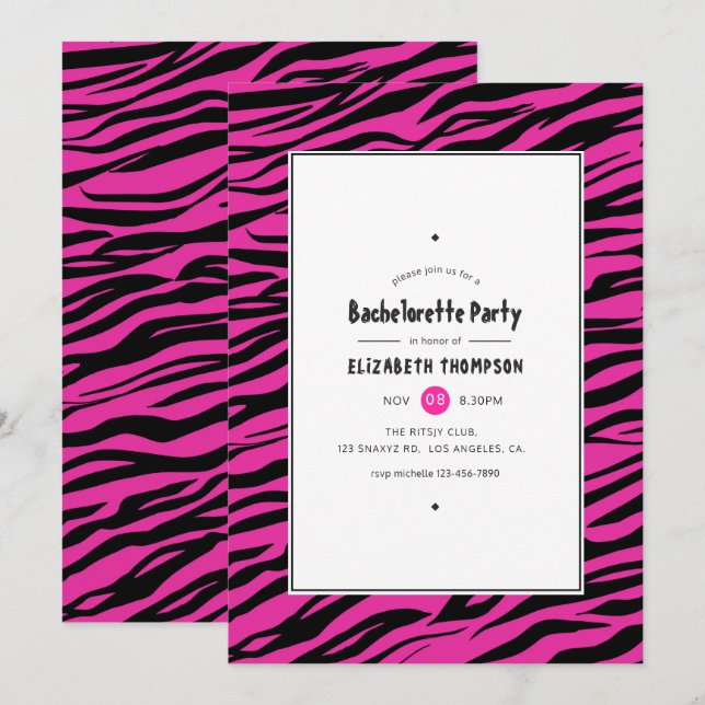 Hot-Pink & Black Tiger Stripes Bachelorette Party Invitation (Front/Back)