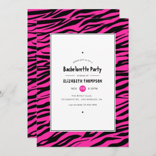 Hot_Pink  Black Tiger Stripes Bachelorette Party Invitation