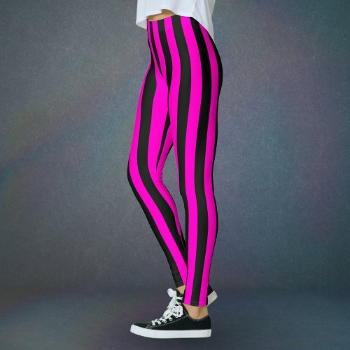 Hot Pink Black Vertical Wide Stripe Leggings