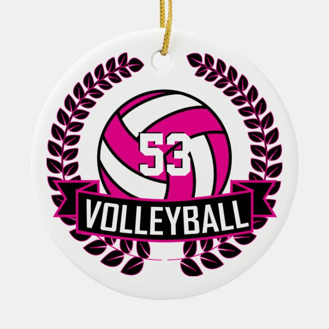Hot Pink & Black 🏐 Volleyball Logo Wreath Ceramic Ornament (Front)